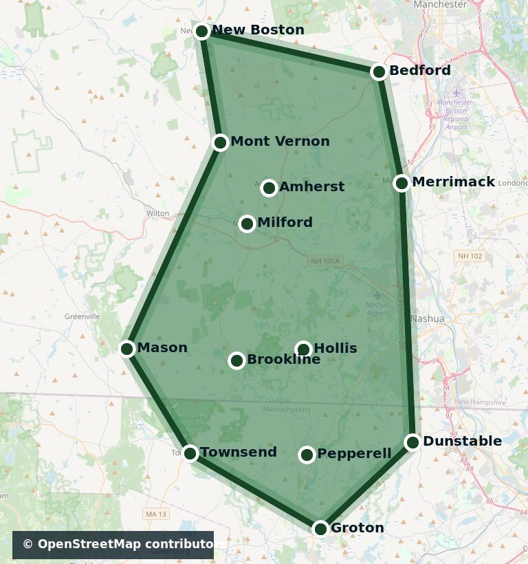 Map of Kendall's Canines service towns across southern New Hampshire and nearby Massachusetts
